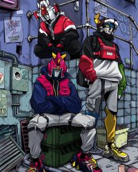 Rule 34 | blue hoodie, choudenji machine voltes v, clothed robot, crossed arms, crossover, daimos, fashion, golion (mecha), hand in pocket, highres, hood, hoodie, hyakujuu-ou golion, jacket, kensuke creations, looking down, looking up, mecha, multiple crossover, no humans, pants, red vest, robot, shoes, sneakers, squatting, streetwear, super robot, sweatpants, toushou daimos, track jacket, vest, voltes v (mecha), voltron (mecha), voltron (series)