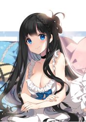 Rule 34 | 1girl, black choker, black hair, blue bow, blue eyes, bow, braid, breasts, choker, cleavage, closed mouth, collarbone, day, dress, frilled dress, frills, highres, indoors, large breasts, long hair, original, pillow, roh nam kyung, sleeveless, sleeveless dress, smile, solo, very long hair, white dress
