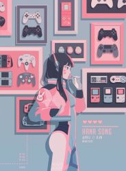 1girl, animal print, artist name, black hair, breasts, bunny print, candy, character name, controller, cropped jacket, d.va (overwatch), dualshock, flat color, food, game boy, game boy advance, game console, game controller, gamecube controller, gamepad, gloves, hand in pocket, handheld game console, headphones, kamille areopagita, limited palette, lollipop, long hair, nintendo, nintendo ds, nintendo switch, overwatch, pastel colors, pilot suit, playstation, playstation 2, playstation 3, playstation 4, playstation controller, playstation portable, sega mega drive, sega saturn, small breasts, solo, sony, super nintendo, tamagotchi, whisker markings, wireless, xbox 360, xbox one
