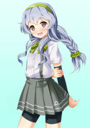 Rule 34 | 10s, 1girl, :d, absurdres, aqua background, arm behind back, arm warmers, ascot, bike shorts, blush, bow, bowtie, braid, brown eyes, collared shirt, cowboy shot, gradient background, grey skirt, hairband, hand on own arm, highres, kantai collection, kasaran (e kisama), long hair, looking at viewer, low-tied long hair, open mouth, pleated skirt, school uniform, shirt, silver hair, single braid, skirt, smile, solo, suspenders, yamagumo (kancolle)
