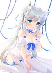 Rule 34 | 1girl, animal ear fluff, animal ears, bad id, bad pixiv id, between legs, blue bow, blue ribbon, blush, bow, breasts, camisole, cat ears, cat girl, cat tail, choker, cleavage, collarbone, extra ears, frilled sleeves, frills, garter straps, green eyes, grey hair, hair ribbon, hand between legs, long hair, looking at viewer, lying, mikaze oto, on back, on bed, open mouth, original, ribbon, short sleeves, simple background, sitting, small breasts, solo, spaghetti strap, tail, tail bow, tail ornament, thighhighs, twintails, very long hair, wariza, white background, white camisole, white choker, white thighhighs