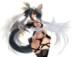 Rule 34 | 1girl, angel wings, asymmetrical wings, bare shoulders, black bra, black panties, bra, breasts, brown eyes, cleavage, dizzy (guilty gear), guilty gear, guilty gear x, guilty gear xx, hair between eyes, hair ribbon, hair rings, large breasts, long hair, looking at viewer, maka (morphine), midriff, navel, off shoulder, panties, revealing clothes, ribbon, sad, shaded face, sidelocks, simple background, solo, tail, tail ornament, tail ribbon, thigh gap, thigh strap, thighhighs, thighs, twintails, underboob, underwear, white background, wings