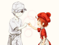 Rule 34 | 10s, 1boy, 1girl, :d, ae-3803, aged down, apron, asutora, beige background, belt, beret, black eyes, blank eyes, blush, collarbone, commentary request, cowboy shot, dirty, dirty face, dress, erythroblast (hataraku saibou), eye contact, flat cap, from side, hair over one eye, hat, hataraku saibou, height difference, lens flare, looking at another, myelocyte (hataraku saibou), open mouth, pale skin, pants, pinky swear, pom pom (clothes), profile, red dress, red eyes, red hair, red hat, scabbard, sheath, shirt, short hair, short sleeves, silver hair, simple background, smile, standing, u-1146, waist apron, white apron, white hat, white pants, white shirt, wing collar