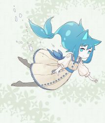 Rule 34 | 1girl, animal ears, back bow, blue bow, blue eyes, blue hair, bow, brown dress, bubble, cat ears, closed mouth, colored skin, diode (0 division), dress, dress bow, fins, floating, floating hair, full body, green background, grey pantyhose, highres, long hair, looking at viewer, no shoes, original, pantyhose, puffy short sleeves, puffy sleeves, short eyebrows, short sleeves, sidelocks, solo, white skin