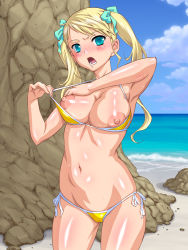Rule 34 | 1girl, beach, bikini, bikini pull, blonde hair, blue eyes, blush, breasts, clothes pull, embarrassed, hair ornament, highres, large breasts, long hair, navel, nipples, ocean, red-p, sand, solo, swimsuit, twintails, undressing, water, yellow bikini
