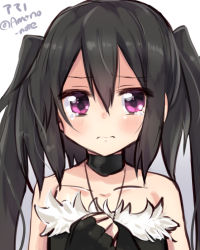 Rule 34 | 1girl, amano kouki, artist name, bare shoulders, black hair, blush, collar, collarbone, crying, dress, gradient background, hair between eyes, hand on own chest, highres, jewelry, looking at viewer, necklace, note-chan, original, purple eyes, sleeveless, sleeveless dress, solo, tears, twintails