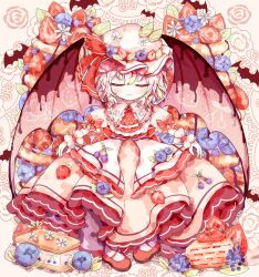 Rule 34 | 1girl, ascot, bat wings, blueberry, cake, cake slice, closed eyes, dress, food, frilled dress, frills, fruit, fruit hat ornament, hat, highres, light smile, mob cap, red ascot, red footwear, remilia scarlet, ro.ro, solo, strawberry, touhou, wings