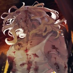 Rule 34 | 1boy, artist request, blonde hair, blood, blood on face, douglas bullet, expressionless, floating hair, injury, large pectorals, long hair, looking to the side, manly, muscular, one piece, one piece: stampede, pectorals