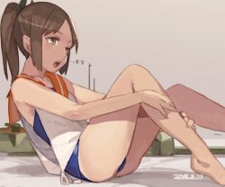 Rule 34 | 10s, 1girl, 2014, barefoot, brown eyes, brown hair, dated, i-401 (kancolle), kantai collection, leaning back, hugging own legs, md5 mismatch, open mouth, ponytail, resized, school swimsuit, school uniform, serafuku, sidelocks, sitting, sketch, solo, swimsuit, swimsuit under clothes, toro (konirio)