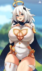 Rule 34 | 1girl, alternate breast size, artist name, belly, breasts, cameltoe, cleavage, covered erect nipples, covered navel, curvy, genshin impact, grey eyes, highres, huge breasts, jmg, large breasts, long hair, looking at viewer, open mouth, paimon (genshin impact), plump, signature, smile, solo, thick thighs, thigh gap, thighhighs, thighs, white hair, white thighhighs