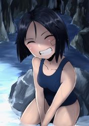 Rule 34 | 1girl, bandage on face, bandages, between legs, black hair, blush, brave witches, cave, closed eyes, hand between legs, highres, hora liar, kanno naoe, one-piece swimsuit, rock, school swimsuit, short hair, sitting, sitting on rock, smile, solo, swept bangs, swimsuit, teeth, wet, world witches series