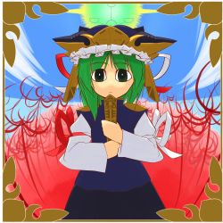 Rule 34 | 1girl, bad id, bad pixiv id, female focus, flower, green eyes, green hair, hat, highres, long sleeves, matching hair/eyes, ogihara mach, rod of remorse, shiki eiki, solo, spider lily, touhou