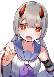 Rule 34 | 1girl, absurdres, arm belt, assault lily, bare shoulders, belt, black belt, blue sailor collar, blush, bright pupils, collarbone, commentary request, detached sleeves, fang, food, fujita asagao, goe (g-o-e), grey hair, hair between eyes, hand on own hip, hand up, highres, holding, holding food, horns, incoming food, long hair, long sleeves, looking at viewer, low twintails, neckerchief, open mouth, popcorn, purple neckerchief, red eyes, red horns, sailor collar, school uniform, serafuku, shirt, simple background, sleeveless, sleeveless shirt, solo, twintails, upper body, white background, white pupils, white shirt, white sleeves, wide sleeves