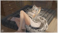 Rule 34 | 1girl, animal ear fluff, animal ears, arknights, bare legs, barefoot, blue eyes, blush, braid, breasts, cat girl, commentary, covered erect nipples, da (datako), english commentary, gym storeroom, highres, hurdle, large breasts, loincloth, long hair, looking at viewer, lying, mattress, on back, pelvic curtain, pramanix (arknights), sideboob, silver hair, solo, tail, twin braids, very long hair