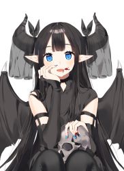 Rule 34 | 1girl, bad id, bad pixiv id, black hair, black pantyhose, blood, blood on face, blood on hands, blue eyes, blue nails, bridal gauntlets, demon girl, demon wings, fangs, fingernails, head rest, highres, horns, long hair, looking at viewer, nail polish, ongyageum, open mouth, original, pantyhose, pointy ears, sharp fingernails, simple background, sitting, skull, solo, symbol-shaped pupils, tareme, veil, very long hair, white background, wings