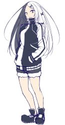Rule 34 | 1girl, black footwear, commentary request, full body, grey eyes, grey hair, grey shorts, hair ornament, hairclip, hands in pockets, heterochromia, jacket, long hair, long sleeves, multicolored hair, overlord (maruyama), parted bangs, sharp teeth, shoes, short shorts, shorts, simple background, solo, standing, suterii, teeth, track jacket, white background, white eyes, white hair, x hair ornament, antilene heran fouche