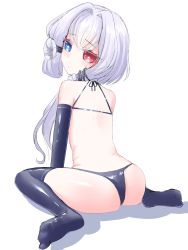 Rule 34 | #compass, 1girl, :/, back, black panties, black thighhighs, blue eyes, bright pupils, coquelicot blanche, expressionless, from behind, full body, hair intakes, hair over shoulder, heterochromia, highres, long hair, looking at viewer, looking back, makeoshimi, panties, red eyes, shiny clothes, simple background, sitting, solo, thighhighs, underwear, wariza, white background, white hair