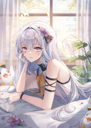 Rule 34 | 1girl, absurdres, azusa (blue archive), blue archive, blush, closed mouth, curtains, day, dress, flower, grey hair, hair between eyes, hair flower, hair ornament, halo, highres, indoors, long hair, looking at viewer, peroro (blue archive), pink eyes, pippin (pippin sol), purple flower, solo, white dress, window, yellow halo