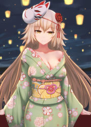 Rule 34 | 1girl, blonde hair, breasts, cleavage, collarbone, cowboy shot, fate/grand order, fate (series), floating hair, flower, green kimono, hair between eyes, hair flower, hair ornament, highres, japanese clothes, jeanne d&#039;arc (fate), jeanne d&#039;arc alter (avenger) (fate), jeanne d&#039;arc alter (fate), kimono, lantern, large breasts, long hair, mask, mask on head, night, obi, off shoulder, outdoors, parted lips, red flower, sash, smile, solo, standing, very long hair, yellow eyes, yukata, yunkaiming