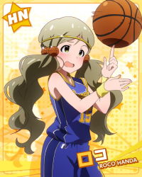 Rule 34 | 10s, 1girl, ball, bare shoulders, basketball, basketball (object), basketball uniform, character name, grey hair, handa roco, idolmaster, idolmaster million live!, long hair, low twintails, official art, open mouth, solo, sportswear, twintails, wavy mouth, wristband, yellow eyes
