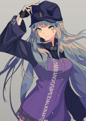 Rule 34 | 1girl, absurdres, bad id, bad pixiv id, baseball cap, blue hat, breasts, checkered clothes, checkered skirt, collared shirt, cross hair ornament, dress, facial mark, girls&#039; frontline, gloves, green eyes, hair ornament, hand on headwear, hat, highres, hk416 (girls&#039; frontline), huge filesize, long hair, long sleeves, looking at viewer, medium breasts, purple dress, sarasa dry, shirt, silver hair, simple background, skirt, smile, solo, teardrop tattoo, uniform, white gloves