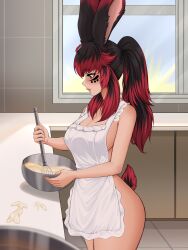 Rule 34 | 1girl, absurdres, animal ears, apron, batter, black hair, breasts, commission, counter, eyebrows hidden by hair, final fantasy, final fantasy xiv, from side, green eyes, highres, indoors, large breasts, lipstick, long bangs, looking down, makeup, mixing bowl, multicolored hair, naked apron, nude, rabbit ears, rabbit tail, red hair, saiko (saikoart), solo, stirring, tail, tattoo, thick thighs, thighs, two-tone hair, upper body, viera, warrior of light (ff14), whisk, white apron, window