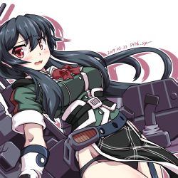 Rule 34 | 1girl, 547th sy, artist name, black hair, black panties, black skirt, bow, bowtie, chikuma (kancolle) (cosplay), chikuma (kancolle), commentary request, cosplay, dated, highres, kantai collection, long hair, long skirt, machinery, panties, pelvic curtain, ponytail, puffy short sleeves, puffy sleeves, red eyes, remodel (kantai collection), short sleeves, side slit, sidelocks, simple background, skirt, solo, underwear, white background, yahagi (kancolle)