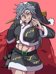 Rule 34 | 1girl, abs, absurdres, candy, candy cane, coal, commentary, eddybird55555, food, fur trim, grey eyes, grey hair, grey headwear, grey skirt, highres, himemushi momoyo, long hair, long sleeves, looking at viewer, messy hair, pickaxe, red background, ringed eyes, sack, santa costume, sharp teeth, simple background, skirt, solo, symbol-only commentary, teeth, touhou