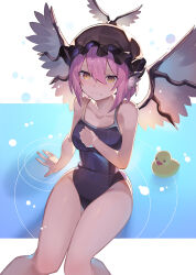 Rule 34 | 1girl, animal ears, bare arms, bare legs, bare shoulders, bird wings, blue one-piece swimsuit, breasts, brown hat, closed mouth, collarbone, commentary request, embarrassed, falken (yutozin), feet out of frame, frown, hair between eyes, hat, highres, knees together feet apart, looking at viewer, medium breasts, medium hair, mystia lorelei, one-piece swimsuit, pink hair, revision, ripples, rubber duck, school swimsuit, solo, swimsuit, touhou, wide hips, wings, yellow eyes