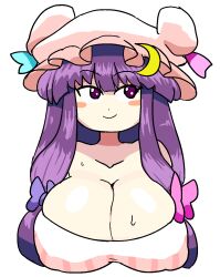 Rule 34 | 1girl, blush, blush stickers, bow, breasts, cleavage, covered erect nipples, crescent, crescent hair ornament, crescent hat ornament, crescent pin, dress, embodiment of scarlet devil, hair ornament, hat, hat ornament, highres, large breasts, long hair, looking to the side, mob cap, notnoe (dxcl), official style, patchouli knowledge, pink dress, pink hat, puffy nipples, purple eyes, purple hair, ribbon, smile, solo, striped clothes, striped dress, sweat, touhou, twintails, vertical-striped clothes, vertical-striped dress, white background, zun (style)