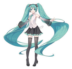 Rule 34 | 1girl, absurdly long hair, aqua eyes, aqua hair, aqua nails, aqua ribbon, bare shoulders, black skirt, black thighhighs, blouse, commentary, detached sleeves, full body, hair ornament, hatsune miku, hatsune miku (nt), headphones, high heels, ixima, long hair, looking at viewer, miniskirt, nail polish, neck ribbon, official art, open mouth, outstretched arms, piano print, piapro, pleated skirt, ribbon, see-through, see-through legwear, see-through sleeves, shirt, shoulder tattoo, skirt, sleeveless, sleeveless shirt, smile, solo, standing, tattoo, thighhighs, twintails, very long hair, vocaloid, white shirt, white sleeves, zettai ryouiki