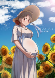 Rule 34 | 1girl, absurdres, bad id, bad pixiv id, big belly, blue bow, blush, bow, breasts, brown eyes, brown hair, brown hat, chinese commentary, cloud, dated, flower, from side, hair bow, hat, hat bow, highres, looking down, medium breasts, original, parted bangs, ponytail, pregnant, red bow, sakuranohako, sky, smile, solo, sun hat, sunflower