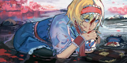 Rule 34 | 1girl, alice margatroid, arm support, bleeding, blonde hair, blood, blood on face, blood on hands, cape, capelet, cherry blossoms, grimoire of alice, hair between eyes, hairband, headband, in water, kaoru (alicemakoto), lace-trimmed hairband, lace trim, leaning forward, looking at viewer, painterly, pantyhose, parted lips, partially submerged, pink headband, ripples, rock, shanghai doll, solo, touhou, water, wet, white cape, wristband