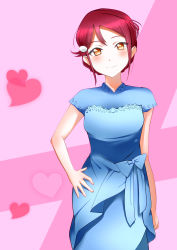 Rule 34 | 1girl, absurdres, artist name, artist request, blue dress, blush, china dress, chinese clothes, collared dress, dress, female focus, hair ornament, hairclip, hand on own hip, highres, long hair, looking at viewer, love live!, love live! sunshine!!, red hair, sakurauchi riko, solo, yellow eyes
