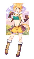 Rule 34 | 1girl, absurdres, animal ear fluff, animal ears, animal hands, artist name, bandeau, bare shoulders, bell, belt, blonde hair, blush, boots, breasts, cat ears, cat paws, cat tail, commentary request, full body, fur collar, fur trim, gloves, hair ornament, hairclip, hands up, highres, hiyori (princess connect!), jingle bell, looking at viewer, midriff, navel, open mouth, paw gloves, paw pose, princess connect!, puffy shorts, short hair, shorts, small breasts, smile, solo, standing, star (symbol), stomach, tail, yellow eyes, yellow shorts, yugo (yuno65)