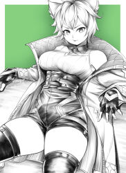 Rule 34 | 1girl, animal ears, bare shoulders, breasts, cat ears, cat girl, chest jewel, clothing cutout, core crystal (xenoblade), crystal, diamond cutout, fingerless gloves, gloves, greyscale, highres, jacket, looking at viewer, medium breasts, messy hair, monochrome, na&#039;el (xenoblade), ravenhart, romper, short hair, shorts, simple background, solo, thick thighs, thighhighs, thighs, xenoblade chronicles (series), xenoblade chronicles 3, xenoblade chronicles 3: future redeemed
