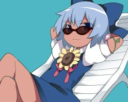 Rule 34 | &gt;:3, 1girl, :3, arms behind head, arms up, bespectacled, blue bow, blue dress, blue eyes, blue hair, bow, cirno, closed mouth, dress, flower, glasses, hair bow, hammer (sunset beach), hidden star in four seasons, crossed legs, looking at viewer, looking over eyewear, puffy short sleeves, puffy sleeves, short hair, short sleeves, smile, smug, solo, sunflower, sunglasses, tan, tanned cirno, touhou, v-shaped eyebrows