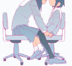 Rule 34 | 2girls, arm support, asakusa midori, black hair, black legwear, chair, dyx (asdiandyx), eizouken ni wa te wo dasu na!, face-to-face, flat color, foot dangle, from side, grey background, head out of frame, height difference, kanamori sayaka, limited palette, loafers, long hair, long sleeves, loose socks, multiple girls, muted color, office chair, pantyhose, parted lips, pleated skirt, profile, sailor collar, school uniform, serafuku, shoes, short hair, simple background, sitting, skirt, socks, swivel chair, white legwear, white sailor collar, yuri