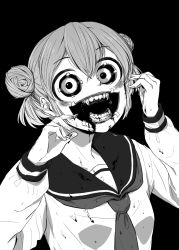 Rule 34 | 1girl, 4shi, blood, blood on clothes, blood on face, blood on hands, commentary request, dango-chan (4shi), double bun, greyscale, hair between eyes, hair bun, highres, horror (theme), long sleeves, looking at viewer, monochrome, necktie, open mouth, original, school uniform, serafuku, short hair, simple background, solo, tape, upper body