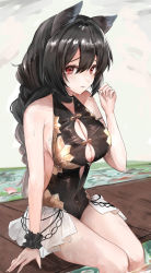Rule 34 | 1girl, animal ears, bare shoulders, black hair, black one-piece swimsuit, black scrunchie, blush, braid, braided ponytail, breasts, cleavage, erune, frilled swimsuit, frills, granblue fantasy, hair between eyes, hand in own hair, highres, large breasts, light smile, lily pad, long hair, looking at viewer, nakonbu, navel piercing, nier (granblue fantasy), nier (lover by the lily lake) (granblue fantasy), one-piece swimsuit, piercing, red eyes, scrunchie, sidelocks, sitting, smile, solo, swimsuit, water, wet, wrist scrunchie