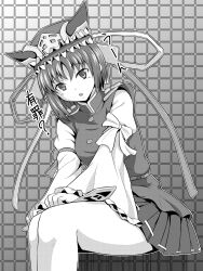 Rule 34 | 1girl, commentary request, frilled hat, frills, greyscale, grid background, hat, hat ribbon, highres, juliet sleeves, kakone, long sleeves, looking at viewer, miniskirt, monochrome, open mouth, puffy sleeves, ribbon, ribbon-trimmed skirt, ribbon trim, rod of remorse, shiki eiki, short hair, sitting, skirt, solo, touhou, translation request