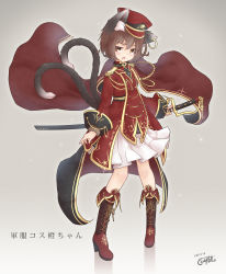 Rule 34 | 1girl, absurdres, aiguillette, alternate costume, animal ears, boots, brown hair, cape, cat ears, cat tail, chen, commentary request, coreytaiyo, earrings, epaulettes, fringe trim, full body, hat, high heel boots, high heels, highres, jewelry, knee boots, long sleeves, looking at viewer, military, military hat, military uniform, multiple tails, open mouth, red cape, red footwear, red hat, sheath, short hair, signature, solo, sparkle, standing, sword, tail, touhou, two tails, uniform, weapon, yellow eyes
