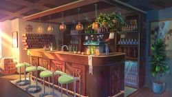 Rule 34 | alcohol, anchor symbol, bar (place), barrel, bottle, chair, chinese commentary, cocktail, coffee maker, commentary request, flower pot, glass, highres, no humans, original, painting (object), plant, scenery, shade, shelf, sunlight, water pipe, wooden floor, xingzhi lv