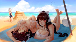 Rule 34 | 3girls, animal ears, arm up, armpits, atago (azur lane), atago (summer march) (azur lane), atago (summer march) (azur lane), azur lane, ball, bare arms, bare shoulders, barefoot, beach towel, beachball, beah, black one-piece swimsuit, blue sky, blurry, blush, bow, breasts, brown eyes, brown hair, cat ears, cleavage, criss-cross halter, day, depth of field, flower, foreshortening, full body, hair bow, hair flower, hair ornament, halterneck, highres, horizon, inf (you xiang), kneeling, large breasts, lips, long hair, looking back, lying, maya (azur lane), multiple girls, oean, on back, on stomach, one-piece swimsuit, outdoors, pole, ponytail, sand, sand castle, sand sculpture, silver hair, skindentation, skirt, sky, small breasts, smile, swimsuit, takao (azur lane), takao (beach rhapsody) (azur lane), tareme, the pose, towel, water, white bow, white one-piece swimsuit, white skirt