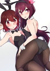 Rule 34 | 2girls, all fours, animal ears, ass, black legwear, black leotard, black neckwear, bow, bowtie, breasts, brown eyes, brown hair, comala (komma la), commentary request, cowboy shot, detached collar, fake animal ears, gradient hair, hair ornament, highres, kantai collection, kisaragi (kancolle), leotard, long hair, looking at viewer, lying, multicolored hair, multiple girls, mutsuki (kancolle), pantyhose, playboy bunny, purple eyes, rabbit ears, rabbit tail, red hair, school uniform, serafuku, short hair, simple background, small breasts, strapless, strapless leotard, tail, white background, wrist cuffs