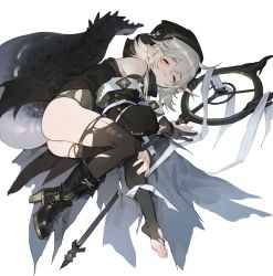 Rule 34 | 1girl, 3:, ahoge, arknights, ass, bare shoulders, black sleeves, black thighhighs, boots, crocodilian tail, detached sleeves, closed eyes, full body, green shirt, grey hair, gua61, highres, holding, holding staff, hood, hood up, long sleeves, lying, on side, pointy ears, shirt, simple background, single boot, solo, staff, tail, thighhighs, thighs, toeless legwear, tomimi (arknights), torn clothes, torn thighhighs, white background
