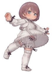 Rule 34 | 1girl, absurdres, bloomers, blue eyes, brown hair, child, closed mouth, dress, female focus, feral lemma, full body, highres, long sleeves, looking at viewer, original, outstretched arms, shoes, short hair, simple background, smile, solo, standing, standing on one leg, underwear, white background, white dress, white footwear