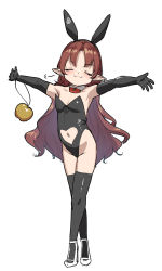 Rule 34 | 1girl, :3, puff of air, alternate costume, animal ears, arknights, black gloves, black leotard, black thighhighs, blush, breasts, brown hair, closed eyes, clothing cutout, crossed legs, detached collar, ear piercing, elbow gloves, fake animal ears, full body, gloves, heart cutout, highres, holding, leotard, long hair, myrtle (arknights), navel cutout, piercing, playboy bunny, pointy ears, rabbit ears, satsuki neko, simple background, small breasts, solo, thighhighs, very long hair, watson cross, white background, white footwear