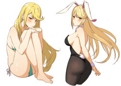 Rule 34 | 1girl, animal ears, ass, bare legs, barefoot, bikini, blonde hair, blush, breasts, cropped legs, fake animal ears, from behind, goumudan, green bikini, hairband, highres, knees to chest, large breasts, leotard, looking at viewer, multiple views, mythra (xenoblade), nintendo, own hands together, pantyhose, playboy bunny, rabbit ears, rabbit tail, side-tie bikini bottom, sideboob, sidelocks, simple background, sitting, swept bangs, swimsuit, tail, white background, wrist cuffs, xenoblade chronicles (series), xenoblade chronicles 2, yellow eyes