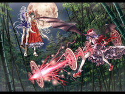 Rule 34 | 3girls, bamboo, bamboo forest, bat wings, battle, black hair, blood, bow, detached sleeves, female focus, flying, forest, full moon, gohei, hakurei reimu, hat, holding, holding gohei, injury, izayoi sakuya, japanese clothes, letterboxed, light purple hair, magic circle, miko, moon, multiple girls, nature, night, polearm, red moon, remilia scarlet, scenery, short hair, silver hair, spear, spear the gungnir, touhou, weapon, wings, yorubehakiete tenohiragaeshi